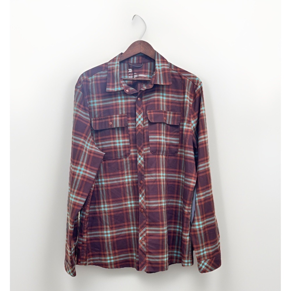 All In Motion Women's Sz L Plaid Button Up Shirt Brown Green Long Sleeve Casual